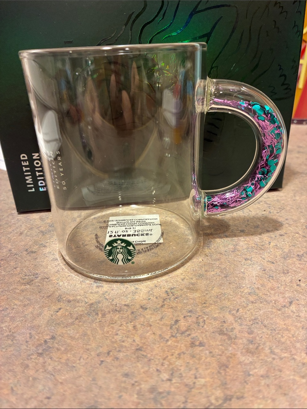 Starbucks Clear Glass Mug with Vibrant Purple and Teal confetti Handle
